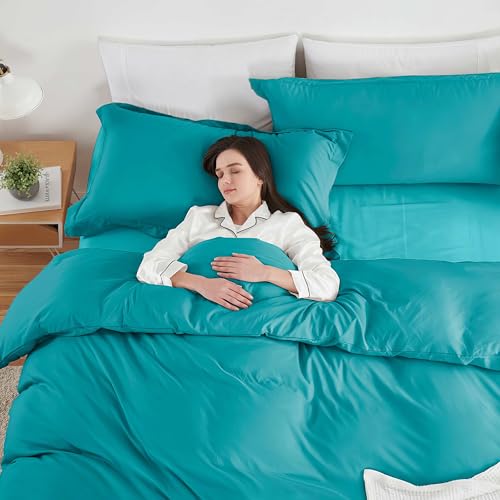 Image of Hearth & Harbor Teal Duvet Cover with Fitted Sheet Queen Size | 4 Piece Soft Double Brushed Bedding Set, Button Closure, 1 Duvet Cover 90x90 Inches, 1 Fitted Sheet, 2 Pillow Shams