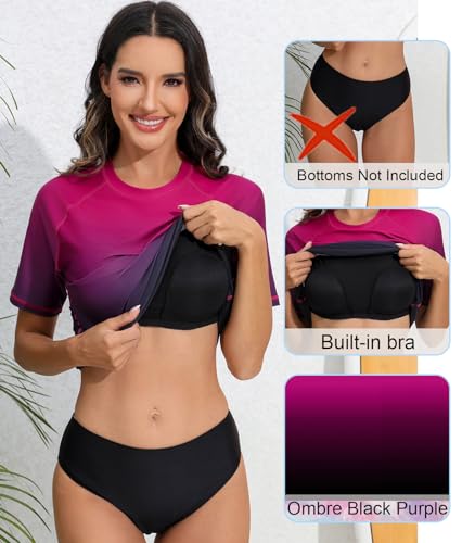 Halcurt Women's Short Sleeve Rash Guard Swimsuit Top with Built in Bra Swim Shirt UPF50+ Quick Dry Bathing Suit3