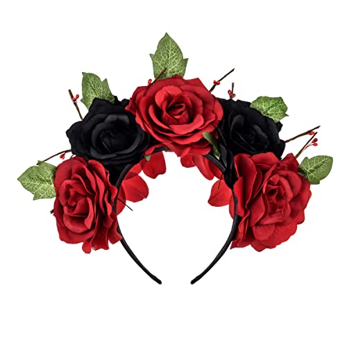 Love Sweety Halloween Costume Flower Headband Dia de Los Muertos Headpiece Day of The Dead Mexican Flower Crown (Rose Crown Black Red)