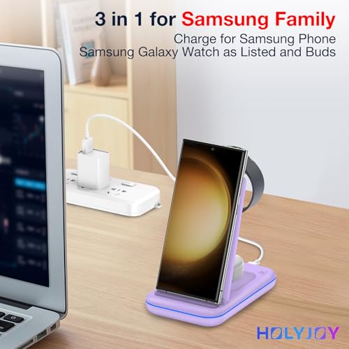 Image of Multi Charger for Samsung, Foldable Charger ONLY for Galaxy Watch Ultra /7 /6 /5 /4 /3 /Active 2, Travel 3 in 1 Fast Charging Station /Dock for Samsung S24 /S23 /S22 /S21 /S20 /Note 20, for Buds 3 /2 Pro(Violet)