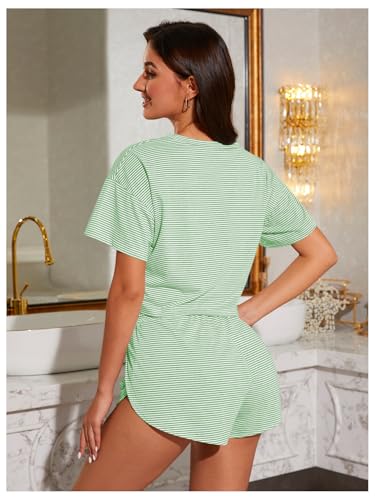 Image of OYOANGLE 2 Pack Pajama for Woman Set Summer Cute PJ Sets Striped Short Sleeve Tshirt and Split Shorts Lounge Set