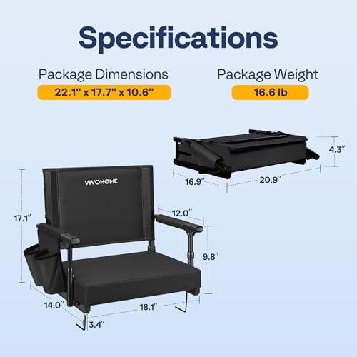 VIVOHOME Stadium Seats with Back Support and Cushion, 2 Pack Portable Bleacher Chairs with Cup Holder and Shoulder Strap, Black