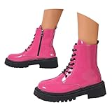UK 7 Ankle Boots for Women Patent Leather Platform Lug Sole Combat Booties Lace up Low Block Chunky Heel Side Zipper Fall Winter Black Military Boot Shoes Stylish Hot Pink Footwear Gift
