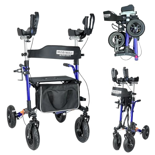 MobiWalk® Upright Rollator Walker | 4 Wheeled Arthritis Rollator Outdoor Walker | Tall Standing Rollator with Seat & Forearm Support & Pneumatic Wheels | Improves Posture | Bio-Lec Mobility (Blue)