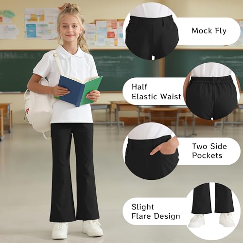 Image of Girls Flare Dress Pants, Bootcut School Uniform Slacks Size 6-15 Years | Half Elastic Waistband, Mock Fly, Belt Loops and Side Pockets for School Uniforms and Everyday Wear