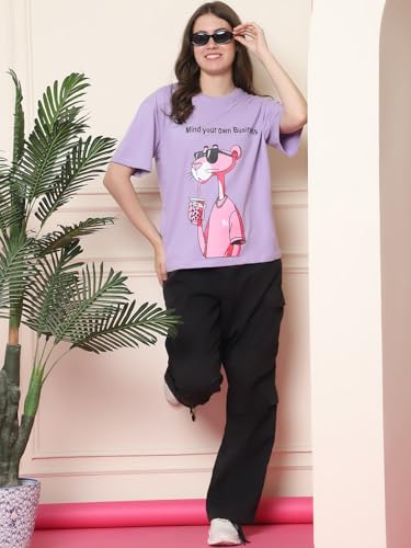 Image of Preneum Women's Cotton Cool Graphic Printed Baggy Fit Drop-Shoulder Sleeves Cotton Oversized T-Shirt