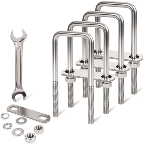 Image of 4 Pcs M10 Square U Bolts 2 Inch Wide, 3 /8 inch x 2 inchW x 5-1 /8 inchL | 304 Stainless U Bolt Heavy Duty with Nuts,Bolt Plate and Washers,Square U Bolts 2 inch Wide,Metric bolts