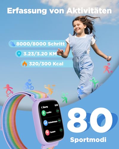 BIGGERFIVE Smartwatch Kinder, 1,8 Fitness Uhr Schrittzähler, 24/7 Puls, IP68 Wasserdicht, Schlafmonitor, Wecker, 5 Puzzlespiele mit/ohne App, Fitness Tracker für Mädchen Teens 5–16, Nylon