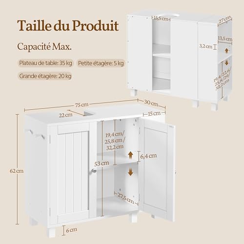 Meuble sous lavabo blanc étagères réglables 75cm Abician