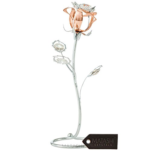 Matashi Chrome & Rose-Gold Plated Crystal Rose Metal Flower Tabletop Ornament w Clear Crystals – Elegant Home Decor Gift for Mom, Aunt, Grandma, Sister– Perfect for Mother’s Day, Birthday, Anniversary