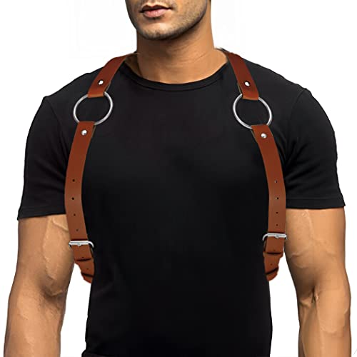 COSYDAYS Men Leather Chest Harness Belt Punk Body Shoulder Harness Ring Adjustable Buckle Straps Party Rave Body Jewelry (Brown)