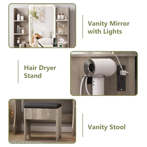 Image of Small Vanity Desk with Mirror and Lights, Makeup Vanity with LED Lights, Grey Vanity Mirror with Lighted Desk and Chair, 3 Lighting Adjustable Compact Dressing Table with Mirror for Women, Girls