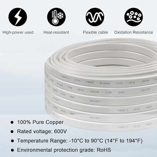 Image of 14 /3 Wire with Ground - 50FT 14 Gauge NM-B Non-Metallic Sheathed Cable 100% Pure Copper 14 AWG 3 Conductor Residential Indoor Wire for Outlets, Switches, Other Loads and Lighting Wiring Projects etc.
