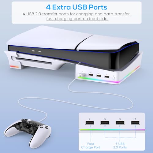 Image of FASTSNAIL Horizontal Stand with RGB LED Light for New PS5 Slim Console,Stand Holder Accessories with 14 Light Modes and 4-Port USB Ports, Non-Slip Base for PlayStation 5 Slim Disc&Digital Edition