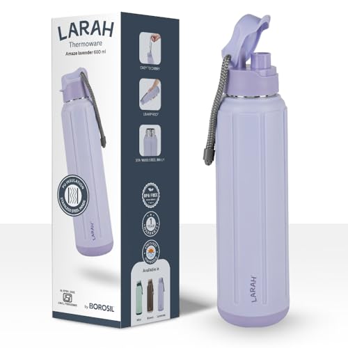 Image of Larah by Borosil 680 ml Amaze Lavender Stainless Steel Water Bottle | Made in India Pu Insulated Thermoware | Leakproof, BPA Free| Bottle for Office, School, College & Gym, Daily Use | 1 Year Warranty