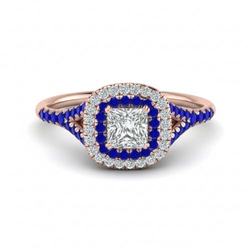 Image of Choose Your Gemstone Delicate Double Halo Diamond CZ Ring Rose Gold Plated Princess Shape Halo Engagement Rings Matching Jewelry Wedding Jewelry Easy to Wear Gifts US Size 4 to 12