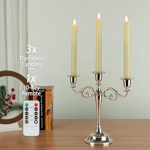 Image of Flameless Taper Candles with Rmote, 9.6 inch Real Wax Battery Operated Candles with 3D Wick, 3 Pack Led Flickering Candlesticks, Electric Candle for Home, Wedding, Party Decor, Ivory