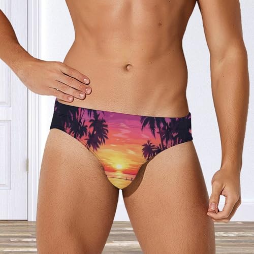 Palms Trees Sunset Printed Swim Briefs for Men Sexy Bikini Swimwear Elastic Beach Trunks Bathing Suit2