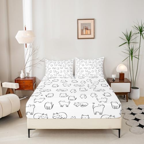Image of Cartoon Cat Bed Sheet Set Twin Size,Kawaii Cats Pet Animals Sheet Set Kids Teens,Black and White Bedding Decor Set with 1 Flat & 1 Fitted Sheet with 1 Pillow Sham