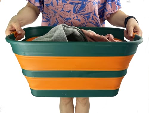 Image of SAMMART Collapsible Plastic Laundry Basket with Handle /Foldable Pop Up Storage Hamper /Portable Laundry Organizer-Space Saving Washing Tub /Household Storage (Teal Green /Autumn leaf, 27L (Set of 2))