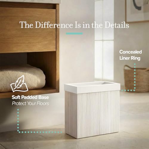 Image of Gatco Small Bathroom Trash Can with Lid, Rectangle 3 Gallon Wastebasket, Under Sink, White Oak with Matte White, for Bathroom, Bedroom, Office (1943W)