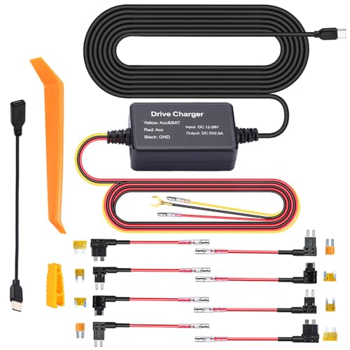 Dash Cam Hardwire Kit,12V-24V to 5V Car Dash Camera Charger Power Cord, Gift 4 Fuse Tap Cable and Installation Tool
