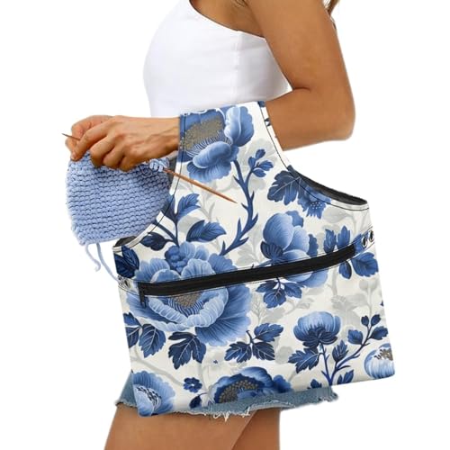 Image of Blue Floral Yarn Storage Bag for Crocheting Lightweight Knitting Bags and Totes Holding Yarn Crochet Hook Needles,Large