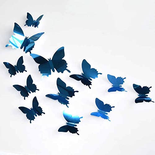 C A C T U S 3D Butterfly Wall Stickers, Removable Mirror Wall Sticker Decor, Room Mural Decals Decoration for Kids Bedroom Nursery Classroom Party Wedding Decor DIY Gift 12 pcs 3 Sizes (Blue)