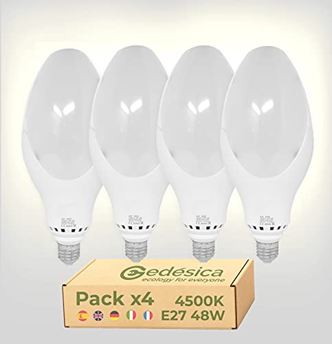 PACK X4 Bombilla Led E27 48W, E27 48W Led, 4500K Luz Blanca Neutra 48W, Equivalente a 480W Lampara Led, 4320LM, No regulable, 360 Grados, Iluminación Hogar, Garaje, Trastero, Patios, terrazas Parking Cover