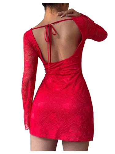 Image of SOLY HUX Women's Lace Mini Dress Tie Backless Bell Long Sleeve Crew Neck Bodycon Dresses