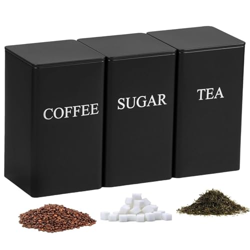 Image of Black Tea Coffee Sugar Canisters - 3 Pack Tea Coffee and Sugar Canisters Set, 1000ML Stainless Steel Canister Storage Jar Container Tins Set with Airtight Lid for Stylish Kitchen Accessories