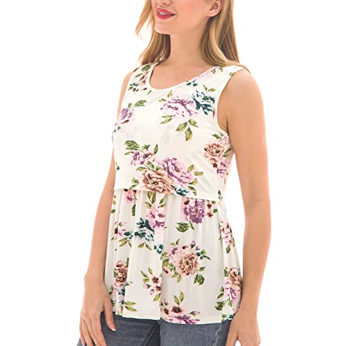 Bearsland Women's Maternity Nursing Tank Tops Sleeveless Scoop Neck Breastfeeding Shirt Pregnancy Clothes,Black&White Stripe&White Flower,M #TOP2