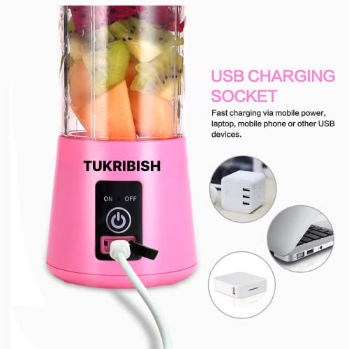 Tukribish Portable Blender, Personal Blender for shakes and smoothies, Personal Size Blenders Cordless Mini Travel Fruit Juicer Cup Mixer, Electric Smoothie Blender Maker, 13oz Bottles, USB Rechargeable (Pink)