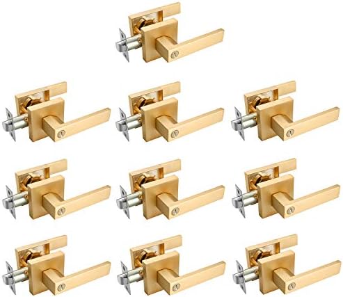 EHOMEWARE 10 Pack Door Handle Set Interior Door Knobs in Satin Brass Finish, No Keys Privacy Door Levers, Bedroom Bathroom Indoor Use- Locked Inside with Turn-Thumb