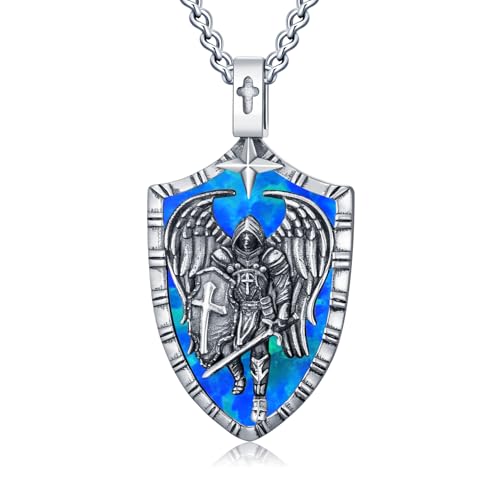 WINNICACA St Michael Pendant for Men Sterling Silver St Michael the Archangel Shield Created Opal Charm Saint Michael Necklace Medal Amulet Necklace Jewelry Birthday Fathers Mothers Day Gifts for Men Women