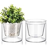 Baderke 2 Pcs 4 Inch Self Watering Pot for Indoor Plants Clear Glass Planter Small Plant Pot with Saucer Reservoir Drainage Holes Bottom Watering Pot for African Violet Orchid Flowers Houseplant