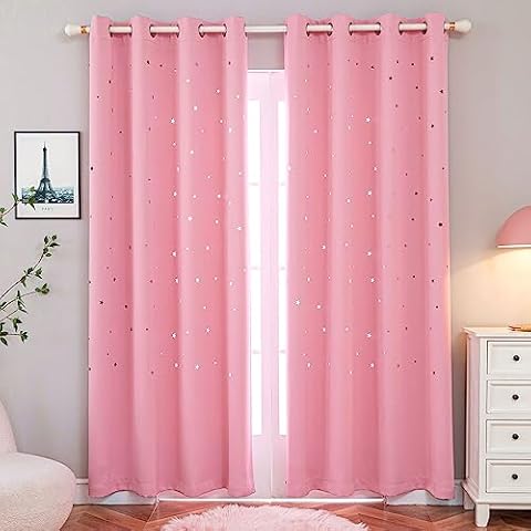 Anjee Kids Curtains Punched Out Stars Pink Curtains for Girls' Bedroom (2 Panels), Thick and Soft Room Darkening Curtains with Twinkle Stars (W52 x L84 Inches, Baby Pink) Cover