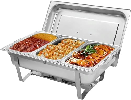 Calentador de Alimentos Comercial de 9 l, de Acero Inoxidable, con Bandeja, Bandeja de Agua, Tapa, Marco y depósito de Combustible, Ideal para Cocina, Fiestas, cenas y bufés. Olla Triple (OL