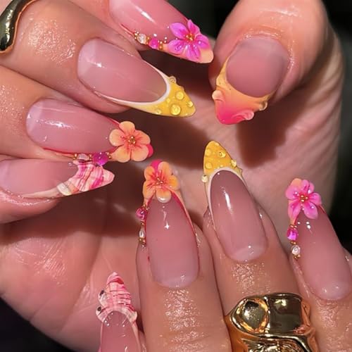 24 Pcs Almond Press on Nails Medium Length Fake Nails with Design Artificial 3D Flower Glue on Nails Yellow Orange French Tip Acrylic False Nails Full Cover Nail Supplies for Women — view 2