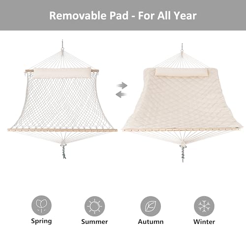 Image of ANOW Outdoor Rope Hammock with Spreader Bars, Hammock Pad and Pillow, Cream