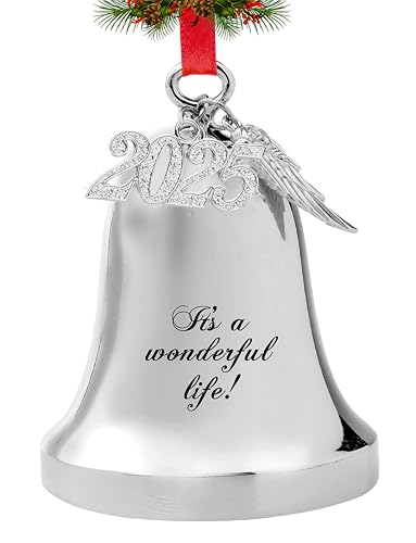 JUPPE 2025 Silver Engraved It's A Wonderful Life Christmas Bell Ornaments for Christmas Tree Wedding Anniversary Decoration Pendants with Angel Wings (Silver Bell)