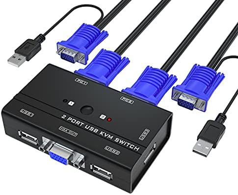 2 Port VGA KVM Switch, with 3 USB 2.0 Hubs & 2 KVM Cables, for 2 Computers to Share 1 Monitor, Keyboard, Mouse & Printer