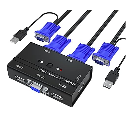 Yinker VGA KVM Switch, 2 Port USB VGA KVM Switch w/2 KVM Cables & 3 USB Hubs for 2 Computers Share One Monitor Keyboard Mouse