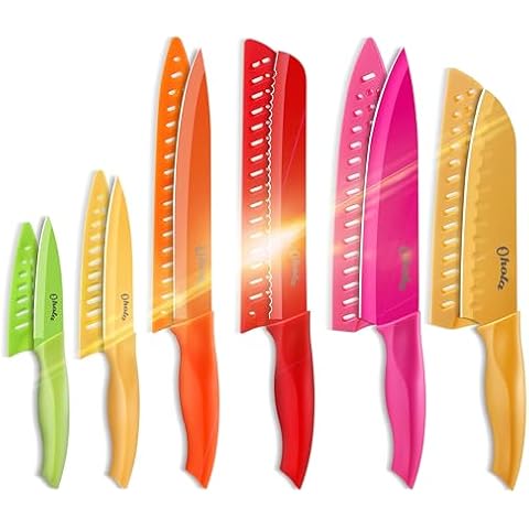 12 Piece Kitchen Knife Set, OHOLA Stainless Steel Knife Set With Ergonomic Plastic Handle, 6 Knives with 6 Knife Sheath, Dishwasher Safe (Multicolor) Cover