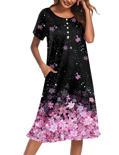 Image of Ekouaer Nightgowns for Women with Pockets Button Front Short Sleeve House Dresses Floral Print Mumu Dress