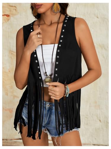 Verdusa Women's Fringe Rivets Sleeveless Vest Cardigan Casual Tassel Outerwear3