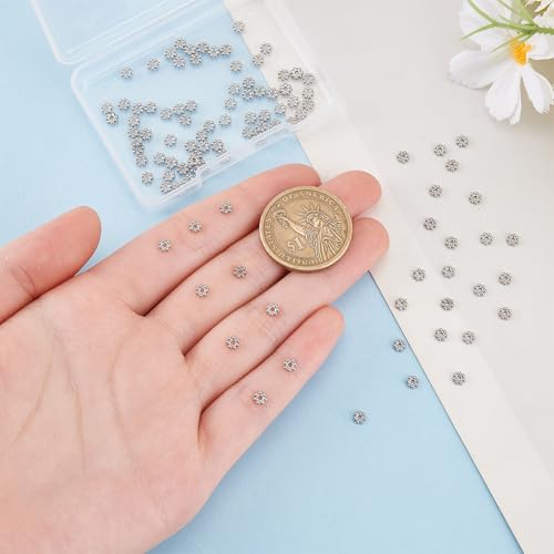 HOBBIESAY 100Pcs Stainless Steel Flower Beads 4mm Daisy Spacer Beads Metal Beads Silver Floral Beads Tibetan Style Floral Granulated Beads for DIY Bracelets Earring Necklace Jewelry Making - Image 3