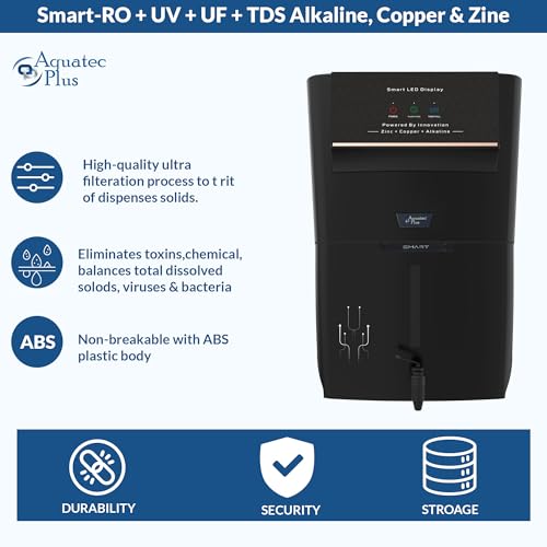 Image of Aquatec Plus Smart - 12 L RO+UV+UF+TDS Control + Alkaline + Copper + Zinc Water Purifier (Black) Works up to 3000 TDS