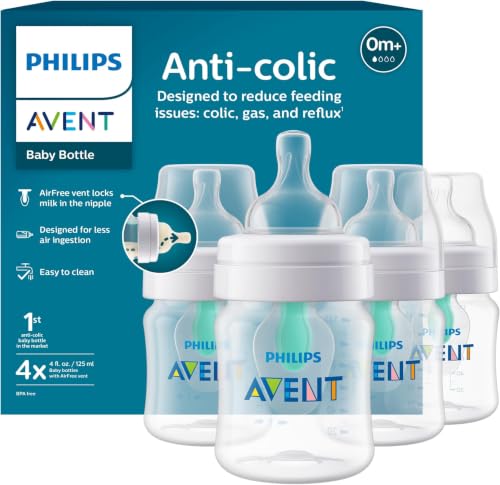 Image of Philips Avent Anti-Colic Bottle with AirFree Vent, 4oz, with Flow 1 Nipples, 0m+, 4pk, Clear, SCY701 /04 (Pack of 6)
