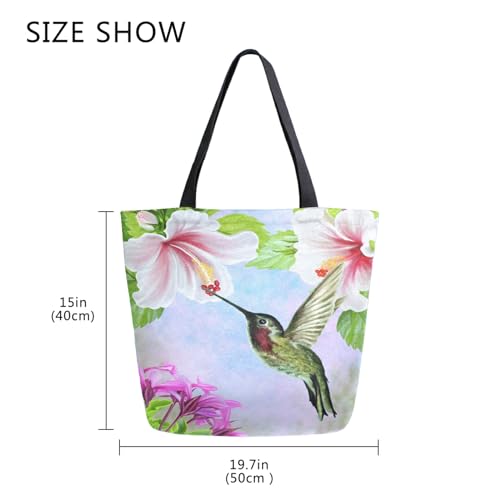 Image of Bird Canvas Tote Grocery Bag Shoulder Casual Book Bag Large for Women Teachers, Hummingbird Floral Cotton Bag Shopping Purse Handbag Reusable Multipurpose Use